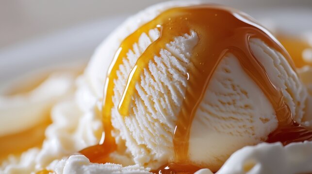 a close-up of smooth vanilla ice cream, warm caramel sauce slowly cascading over its surface, rich golden hues contrasting with the pure white backdrop