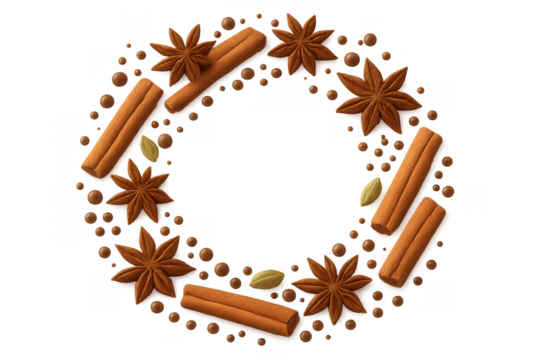 Aromatic cinnamon sticks, star anise, and cardamom spice wreath forming a decorative circular frame, transparent background - Powered by Adobe