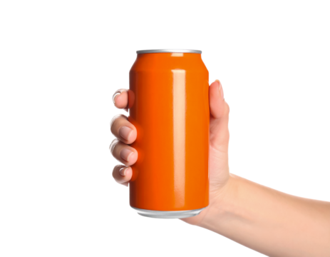 Hand holding orange soda can mockup isolated on black background on transparent background