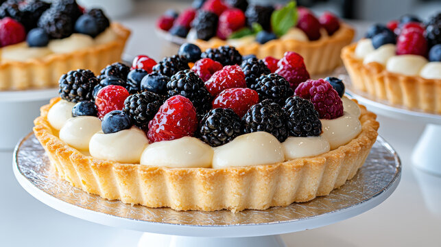 Glazed mixed berry tart with creamy custard and golden crust, bright and appetizing