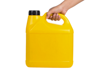 Yellow plastic container jug holding hand liquid chemical product on transparent background