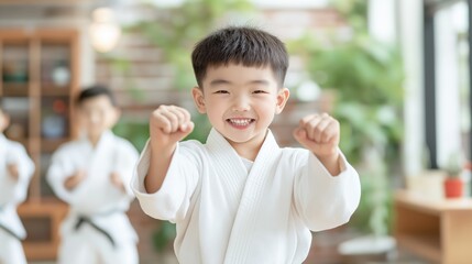 Smiling asian boy practicing karate in white gi at martial arts class