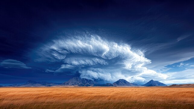 A dramatic sky with a large, swirling storm cloud formation looms over a dry, golden grassy field and distant, rugged mountains.