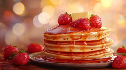 a whimsical, hand-drawn clipart of thick, delicious pancakes layered with syrup, butter melting into the fluffy texture, vibrant red strawberries scattered around, warm and inviting tones