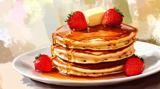 a whimsical, hand-drawn clipart of thick, delicious pancakes layered with syrup, butter melting into the fluffy texture, vibrant red strawberries scattered around, warm and inviting tones