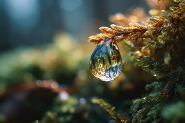 A water droplet reflecting a miniature forest scene in detail