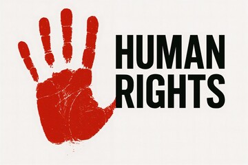 Red handprint symbolizing unity alongside bold 'Human Rights' text on a white background.