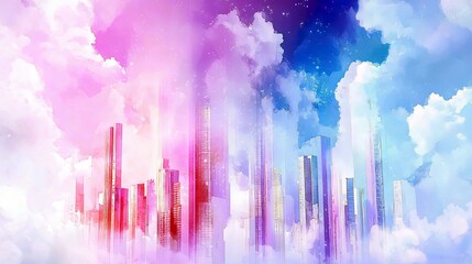 Obraz premium A surreal cityscape emerges from a vibrant sky filled with pink and blue clouds, with tall, shimmering skyscrapers reaching upwards.