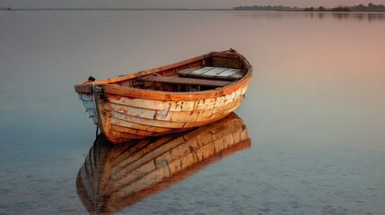 An old wooden boat sits gently on calm waters during sunrise, casting a beautiful reflection. The soft light illuminates the tranquil scenery, creating a peaceful atmosphere.