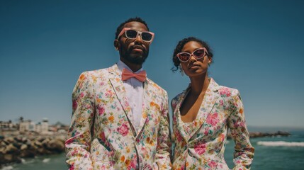 A stylish couple stand confidently at the beach, wearing vibrant floral suits and trendy sunglasses. The clear blue sky and ocean waves create a beautiful backdrop.