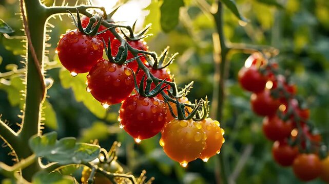Vibrant red and golden cherry tomatoes on the vine glistening with fresh water droplets under warm natural sunlight in a lush garden showcasing organic produce 