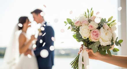 A bride holds a bouquet of pink and white flowers while confetti falls around her. A couple shares a romantic moment in the background, celebrating their wedding.