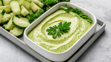 Obraz premium Creamy green herb dip with parsley garnish served with cucumber crudite