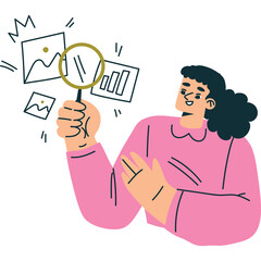 Smiling Woman with Dark Hair Wearing a Pink Top Examines Charts and Graphs with a Magnifying Glass on a Transparent Background