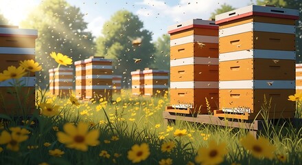 A serene apiary scene with multiple beehives amidst a field of yellow flowers, bees buzzing around, bathed in sunlight, creating a peaceful atmosphere