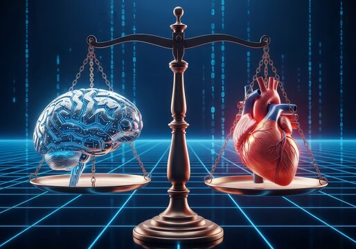 A digital brain and heart on a balance scale against a blue binary code background illustration