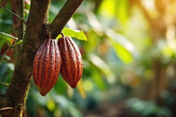 Close up of ripe cocoa pods hanging from a tree branch