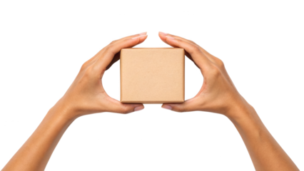 Hands holding small plain brown cardboard delivery package box isolated on white background