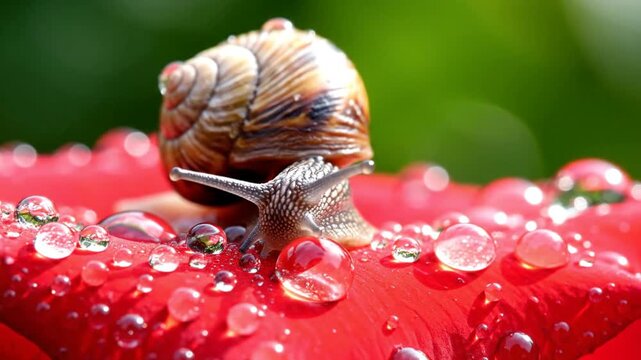 A small garden snail with a patterned shell slowly moves across a vibrant red petal covered in sparkling water droplets after rain.