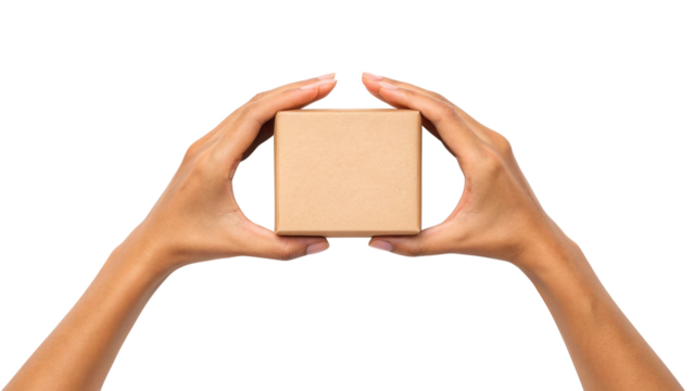 Hands holding small plain brown cardboard delivery package box isolated on white background
