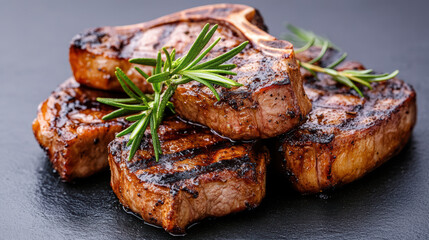 Grilled lamb chop with rosemary garnish, rustic charred surface and glistening glaze