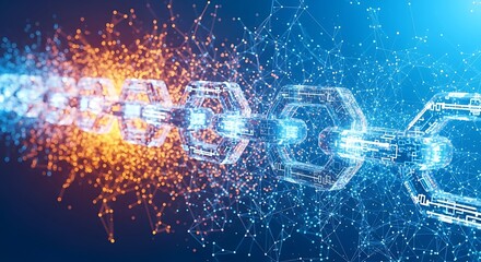 A blockchain concept visualization featuring interconnected blocks with glowing nodes, representing secure data transfer and digital connectivity in cyberspace