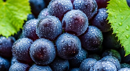 Closeup of fresh black grapes with water droplets on the surface, showcasing the natural beauty and texture of the fruit, perfect for healthy eating