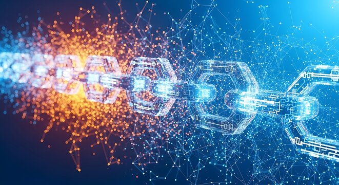 A blockchain concept visualization featuring interconnected blocks with glowing nodes, representing secure data transfer and digital connectivity in cyberspace