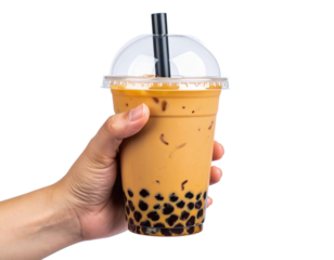 A hand holding iced bubble tea drink with tapioca pearls straw on transparent background