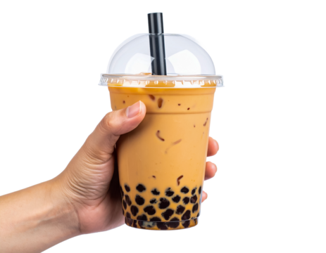 A hand holding iced bubble tea drink with tapioca pearls straw on transparent background