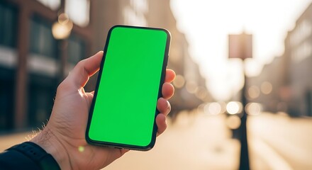 Person Holding a Smartphone with Green Screen Outdoors Mockup on Urban Background