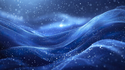 Abstract blue waves with softly falling snowflakes create serene winter scene
