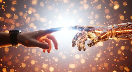 Human hand reaching out to touch a robots hand, symbolizing the connection between humans and artificial intelligence in a futuristic world