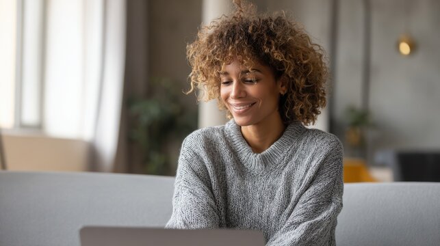 A woman with curly hair sits comfortably in a cozy room, focused on her laptop. Sunlight fills the area, creating a warm and inviting atmosphere.