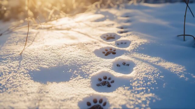 Paw prints in snow during sunset show wildlife activity in a serene winter landscape