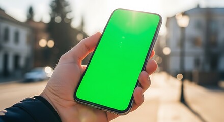 Hand holding a smartphone with a green screen in a street scene with bokeh background