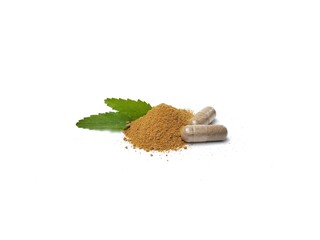 Herbal capsules and powder with leaf isolated on white background. Organic supplements for health, Flat lay