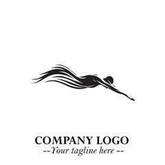 Woman Swimming Logo Symbol in Clean Minimal Vector Illustration on White Background