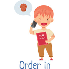 Smiling young boy in a light colored shirt and brown pants holding a red menu and talking on his phone with a muffin icon in a speech bubble above his head against a white background