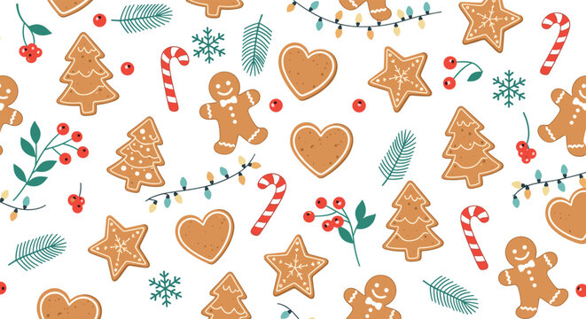 Christmas seamless pattern featuring gingerbread cookies, candy canes, string lights, and festive elements on a white background.