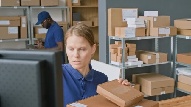 Medium shot of young Caucasian female associate, dressed in blue uniform, working on computer at express delivery company, holding parcels, while black male colleague is checking data on tablet