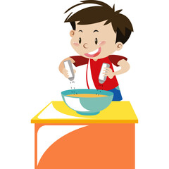 Smiling young boy in red shirt and blue pants seasoning a bowl of food on an orange and yellow table with clear background