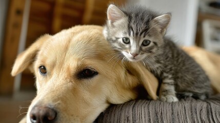 A cute gray kitten is calmly sitting on the back of a relaxed golden retriever. Both animals appear cozy and comfortable in a warm, inviting home environment during the afternoon.