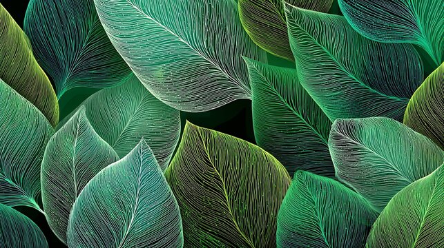 Stylized Green Leaves Pattern Graphic Design with Linear Veins Texture