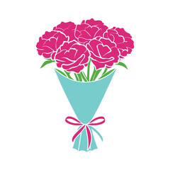 Vibrant pink floral bouquet in turquoise wrapper, celebration gift isolated on white background