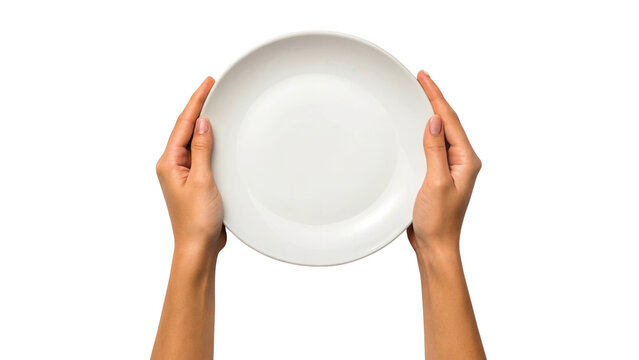 Clean empty white plate held by human hands, ready for presentation isolated on white background