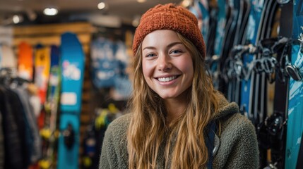 A joyful young woman stands in a ski gear shop surrounded by various colorful skis and winter equipment, showcasing her warm personality in cozy attire.