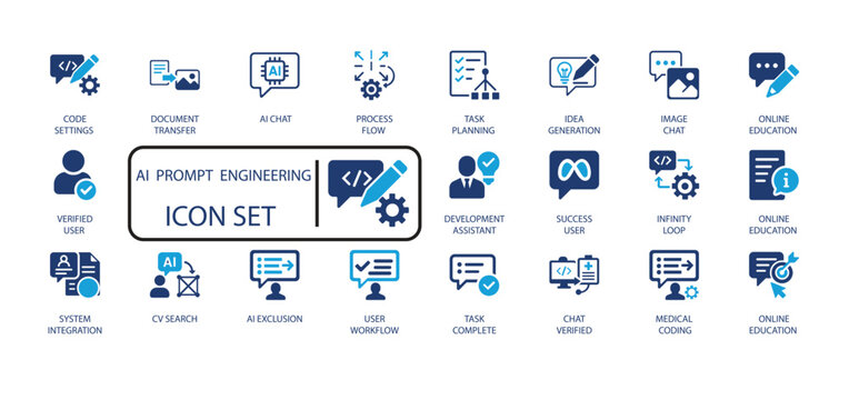 Modern duotone vector icon set for AI Prompt Engineering, machine learning, and education. Includes concepts like coding, strategy, workflow, user profiles, and optimization