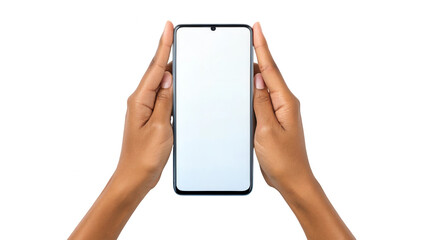Hands holding modern smartphone with blank white screen isolated isolated on white background