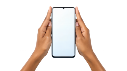 Hands holding modern smartphone with blank white screen isolated isolated on white background